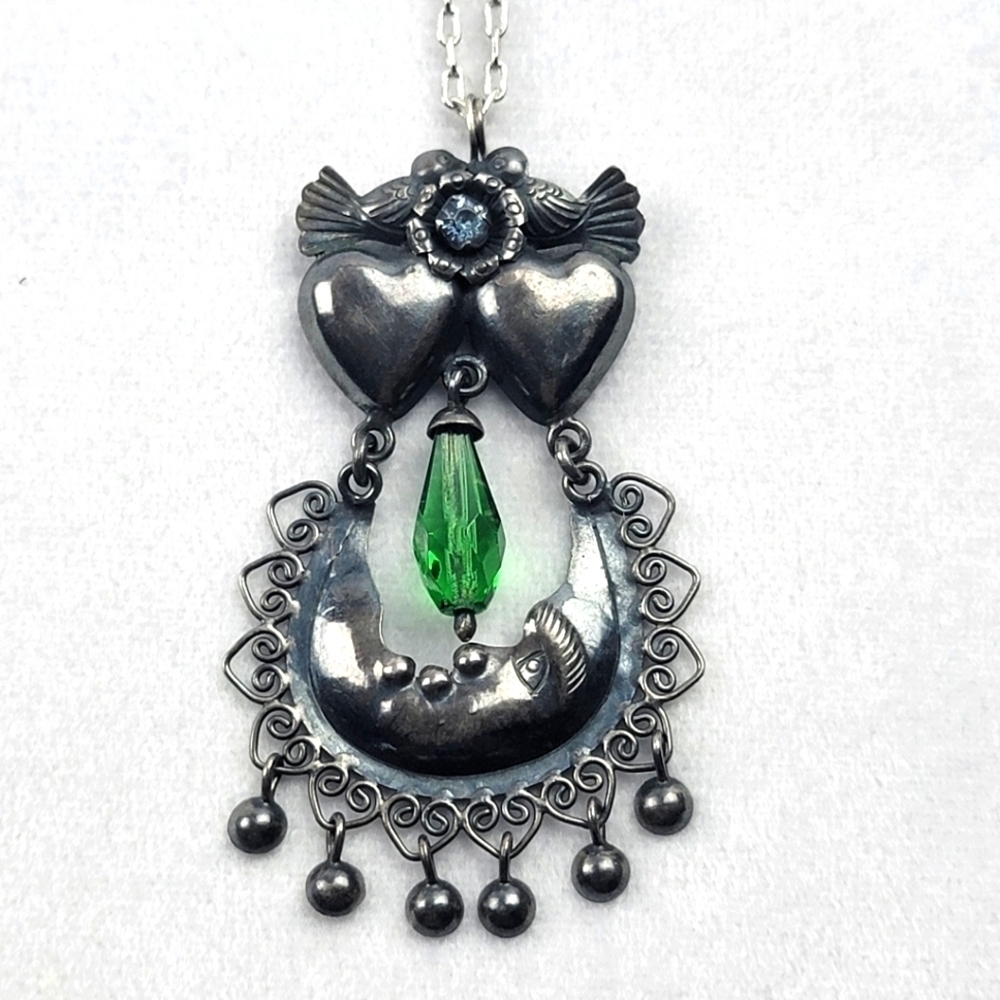 Pewter celestial moon love birds gem boho pendant with adjustable chain